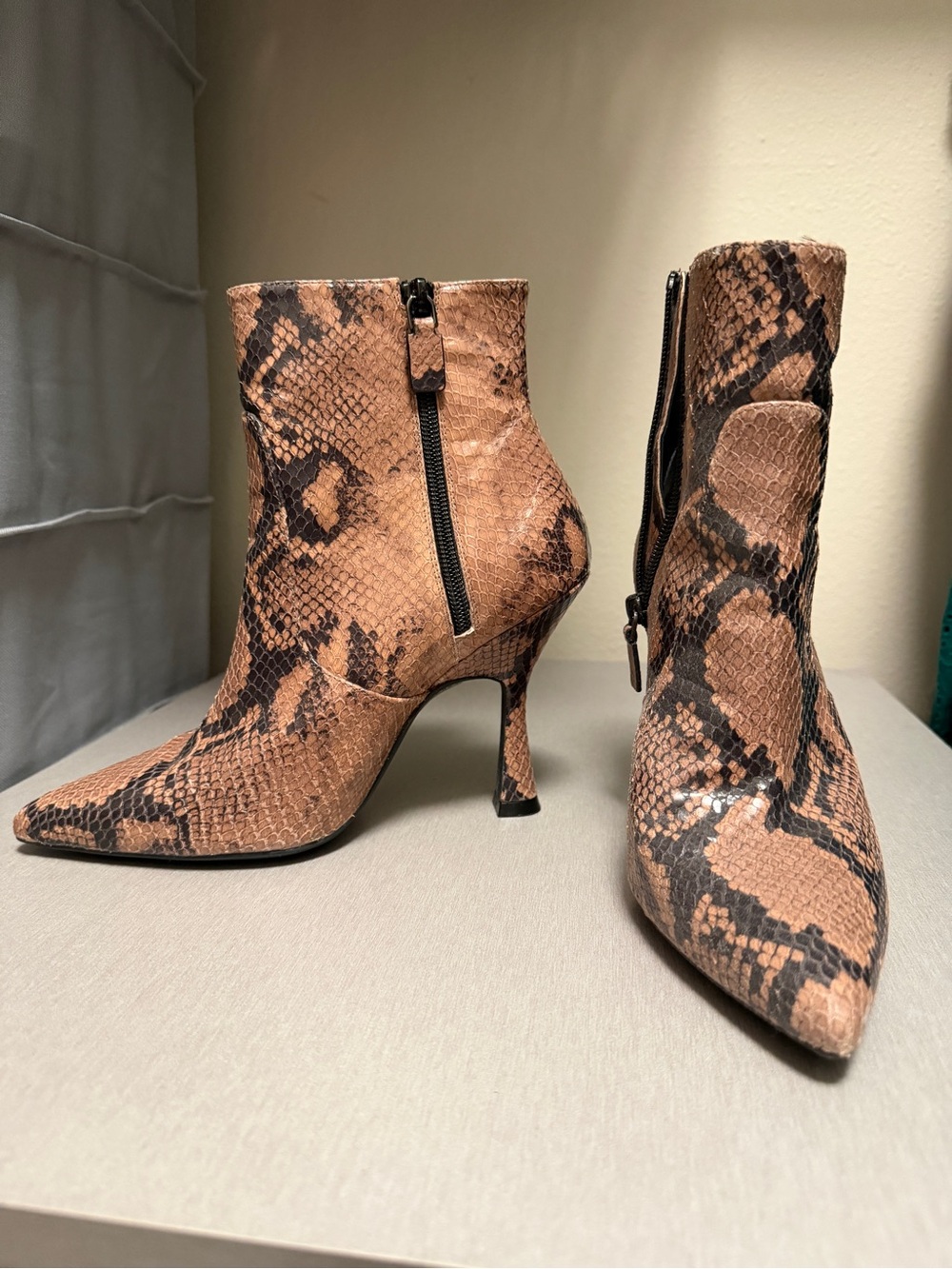 Stuart Weitzman Brown Snake-Print Pointed Toe Ankle Boots